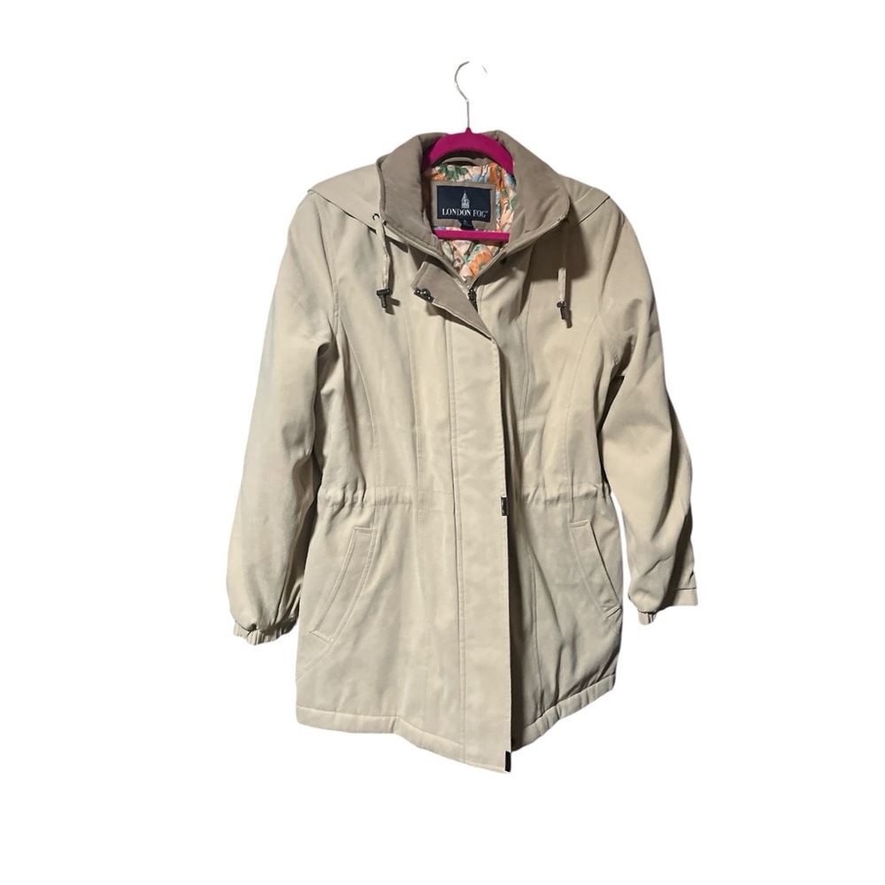 London Fog Trench Coat Lined Womens Medium Beige Spring Rain Jacket Hood